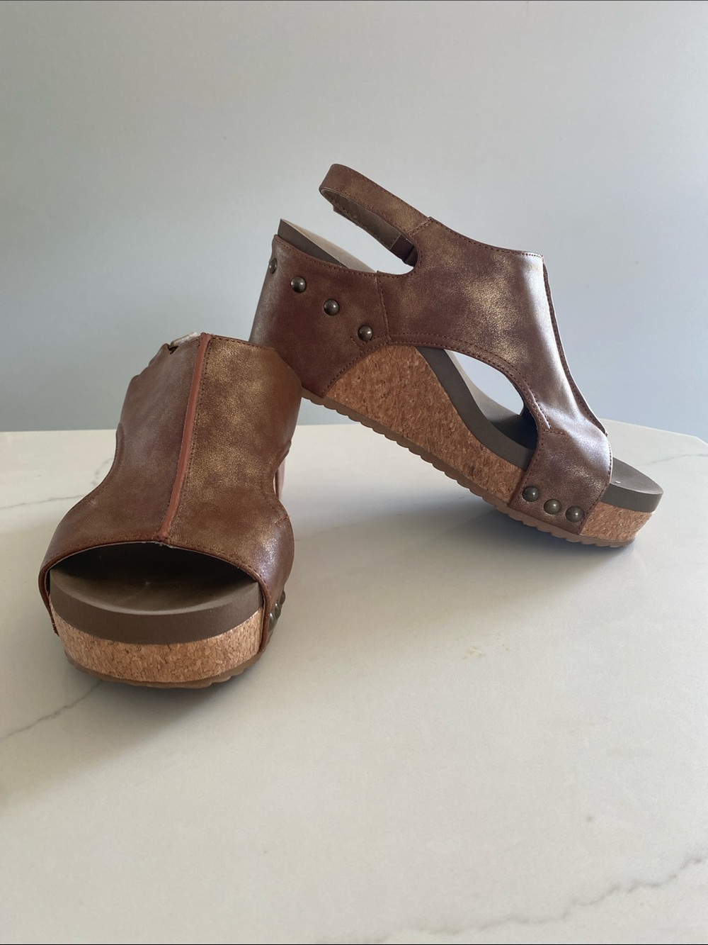 Corkys Carley Metallic Studded Wedge Sandals with Velcro Strap WOMANS Size 7